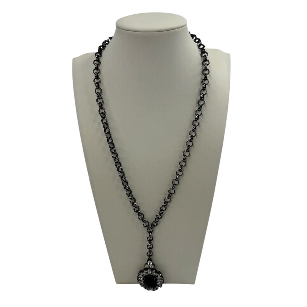 BP Nordstrom Gunmetal Y-Necklace Navy Crystal Halo Pendant Statement Necklace